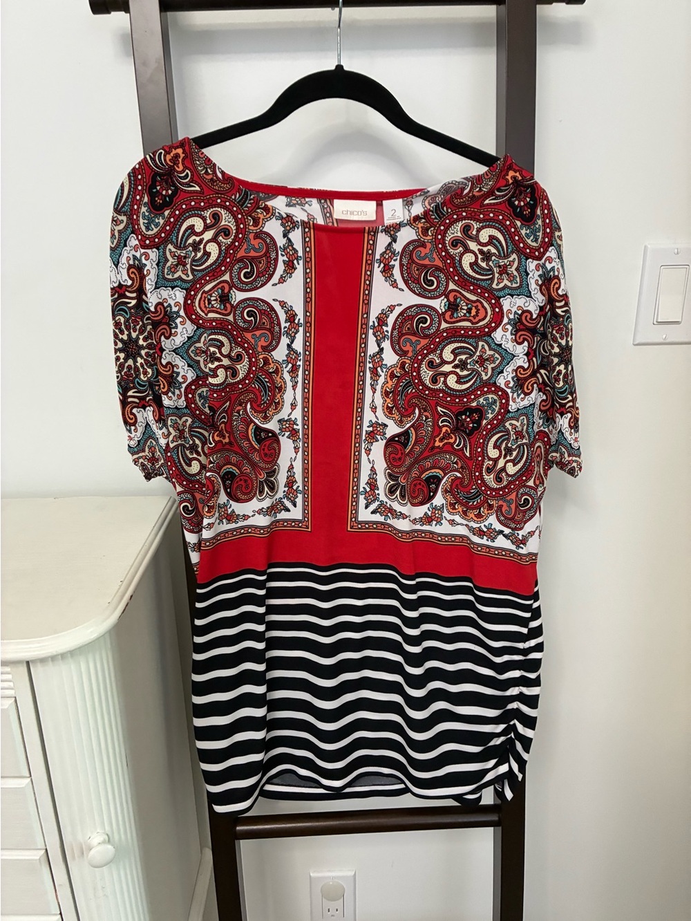 Chico's Red Paisley & Black Stripe Mixed-Print Top. Pretty. Elegant.